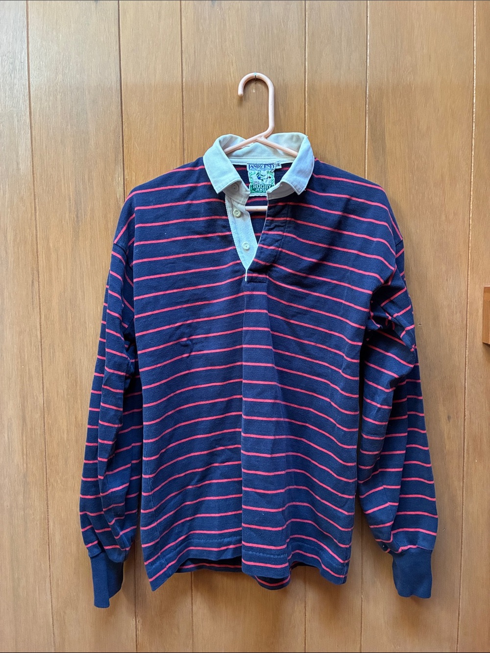 Lands' End Navy Polo with Red Stripes and Contrast Collar